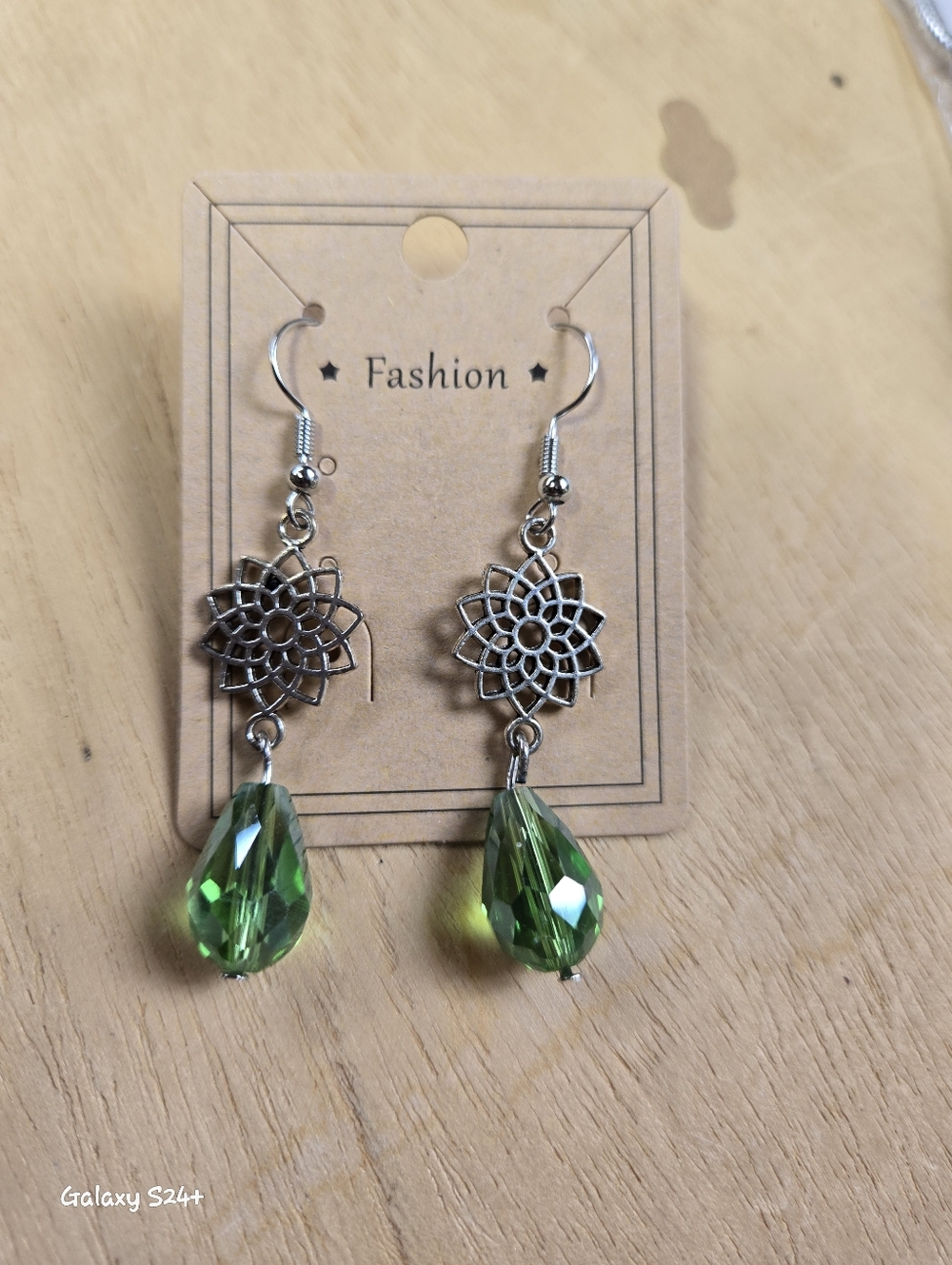 Handmade Mandela With Green Bead Dangle Earrings